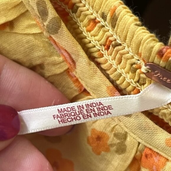 Free People Yellow Floral Print Blouse Ruffles Ruching Balloon Sleeve Small NWT - Picture 14 of 16